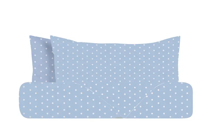 Set copripiumino e federe parure copripiumino stampa digitale 100% cotone, Made in Italy, POIS BIANCHI SU CELESTE