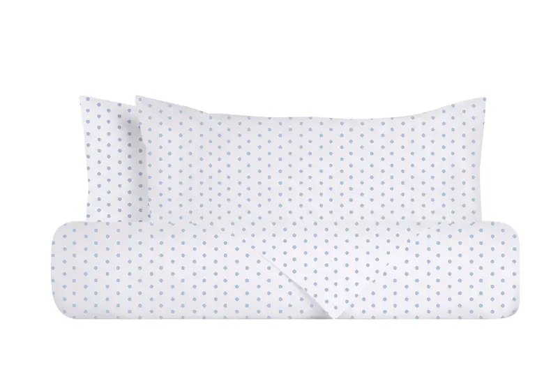 Set copripiumino e federe parure copripiumino stampa digitale 100% cotone, Made in Italy, POIS CELESTI SU BIANCO