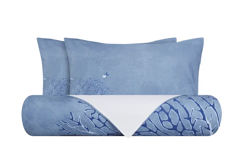 Set Copripiumino Federe Bifaccia Parure Copripiumino stampa digitale 100% Cotone, Made in Italy CORALLI E PESCI MARE D'INVERNO/BIANCO