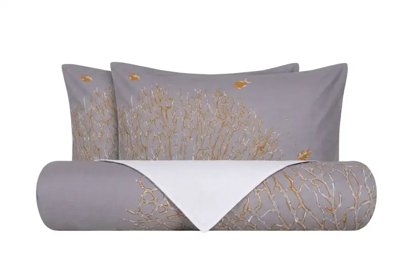 Set Copripiumino Federe Bifaccia Parure Copripiumino stampa digitale 100% Cotone, Made in Italy CORALLI E PESCI OCRA su GRIGIO