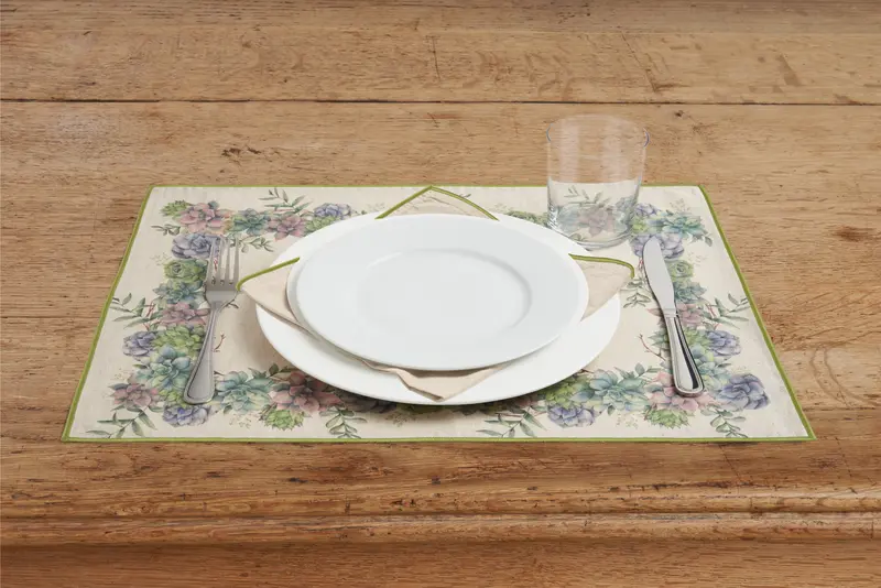 Set di 2 tovagliette americane e 2 tovaglioli colazione coppia tovagliette e tovaglioli in misto lino stampa floreale fiori morbide resistenti eleganti made in italy SUCCULENTE con Cordoncino Verde