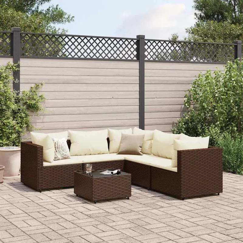 Set Salotto da Giardino in Rattan PE Marrone con Cuscini Bianco Crema