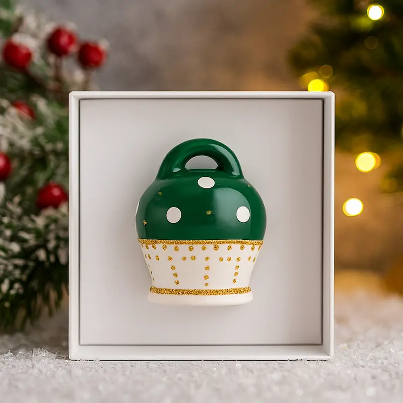 Sharon Campana Natale Porcellana Verde Oro con Scatola Confetti H 6x5x3 cm