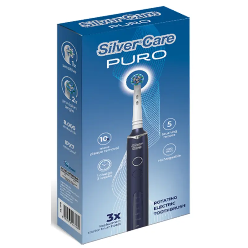 SILVER CARE PURO SPAZZOLINO ELETTRICO MANICO + 3 TESTINE INCLUSE RICARICA USB
