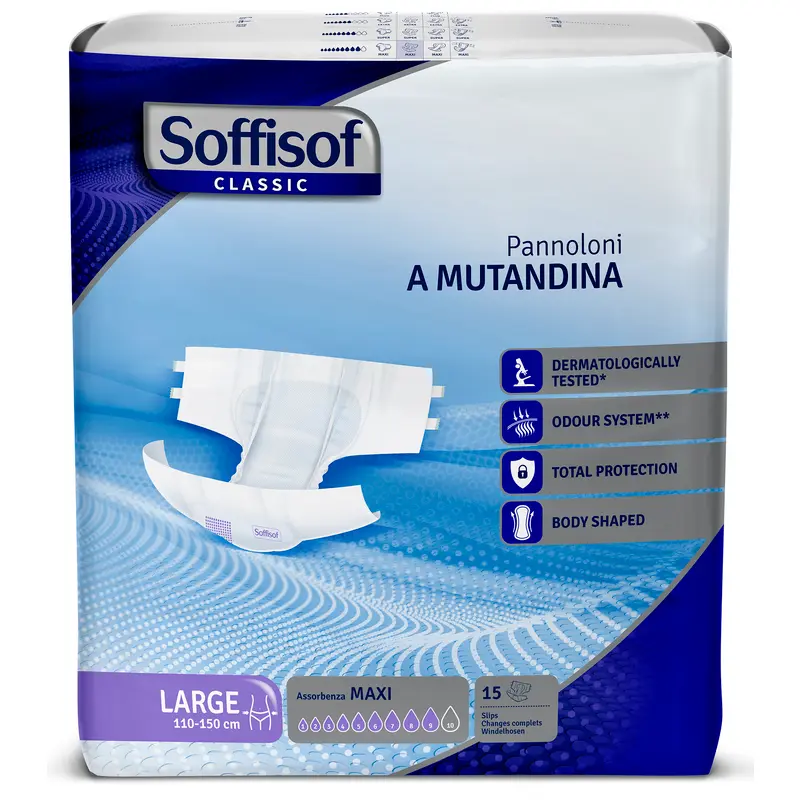 SOFFISOF PANNOLONI MUTANDINA ADULTI MISURA LARGE GIRO VITA 100-150 CM BUSTA 15 PEZZI ASSORBENZA MAXI 9 GOCCE DISPOSITIVO MEDICO CE DI CLASSE 1