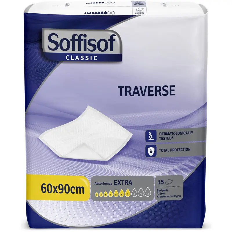 SOFFISOF TRAVERSE LETTO ASSORBENZA EXTRA 60x90 15 PZ DISPOSITIVO MEDICO CE DI CLASSE 1 IN PURA CELLULOSA PEFC