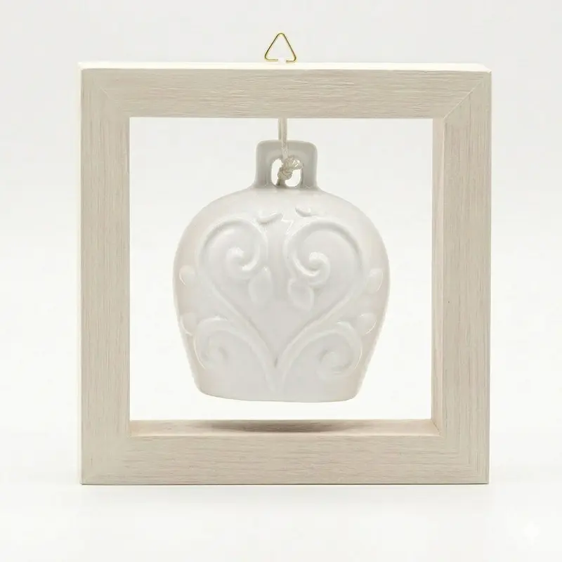 Spago di Terra Quadro Campana Bianca Ceramica con Cornice Legno 15x15 cm