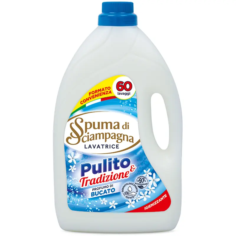 SPUMA DI SCIAMPAGNA DETERSIVO LIQUIDO BUCATO LAVATRICE IGIENIZZANTE PROFUMO DI BUCATO 60 LAVAGGI 3000 ML