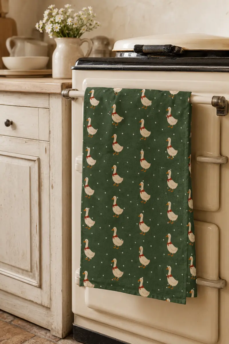 Tea Towel – Country Geese on Forest Green
