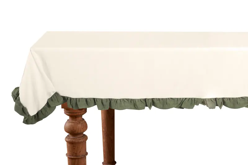 Tovaglia da tavola in 100% puro lino lavato delavè stone washed morbido resistente elegante made in italy  Avorio con Frou Fou Oliva