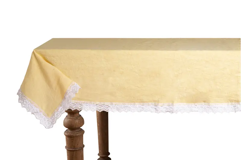 Tovaglia da tavola in 100% puro lino lavato delavè stone washed morbido resistente elegante made in italy Giallino con Dettagli in Pizzo