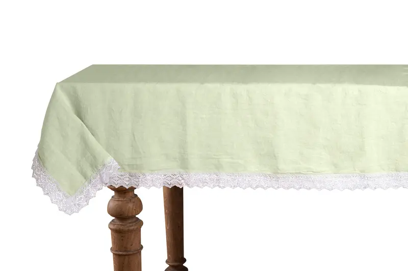 Tovaglia da tavola in 100% puro lino lavato delavè stone washed morbido resistente elegante made in italy Verde Delicato con Dettagli in Pizzo