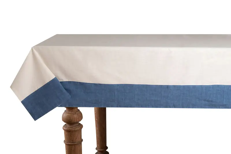 Tovaglia in misto lino con elegante bordo applicato made in italy NATURALE/BLUETTE