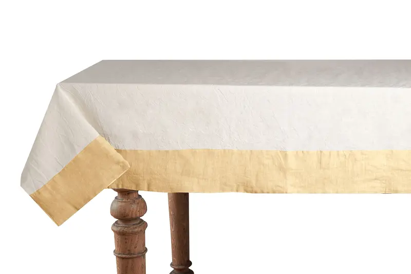 Tovaglia in misto lino con elegante bordo applicato made in italy NATURALE/GIALLO PASTELLO