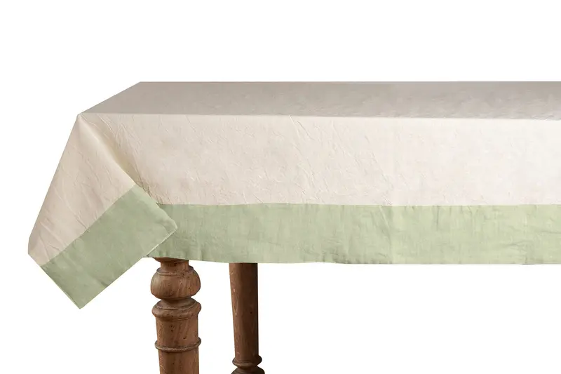 Tovaglia in misto lino con elegante bordo applicato made in italy NATURALE/VERDE DELICATO