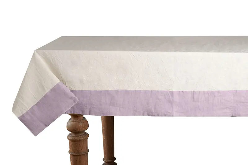 Tovaglia in misto lino con elegante bordo applicato made in italy NATURALE/VIOLETTA