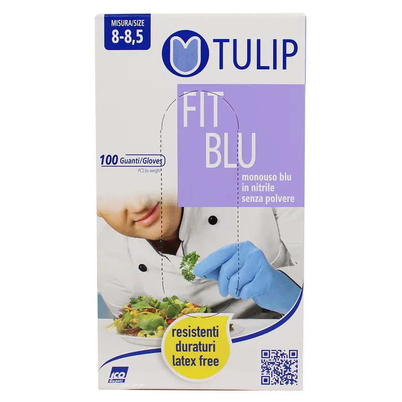 TULIP FIT BLU GUANTI NITRILE BLU SENZA POLVERE MONOUSO 100 PZ TAGLIA 8-8,5