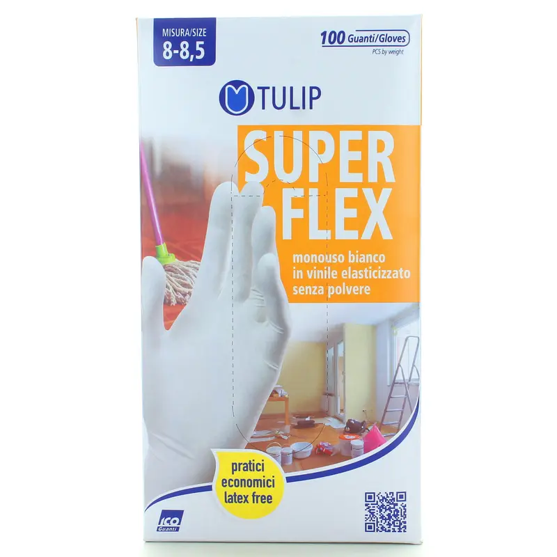 TULIP SUPERFLEX GUANTI IN VINILE BIANCO ELASTICIZZATO MONOUSO SENZA POLVERE 100 PEZZI MISURA 8-8,5