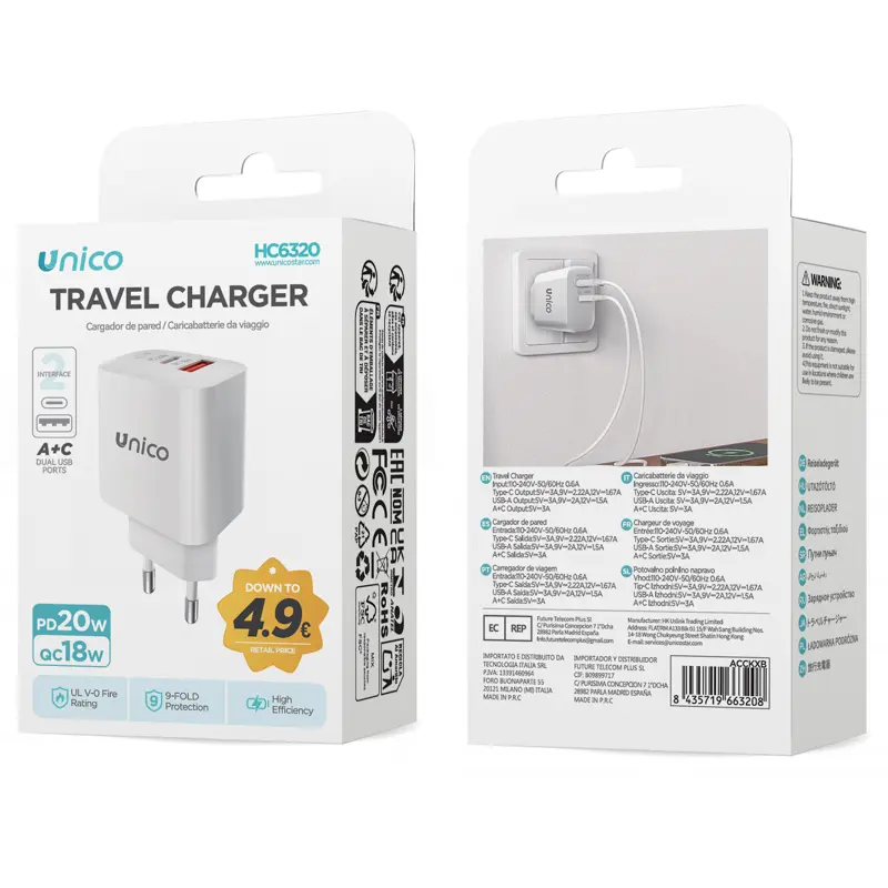 UNICO CARICATORE DA VIAGGIO DOPPIA PORTA USB C+A PD20W+QC18W BIANCO