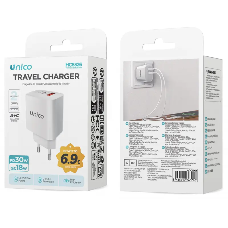 UNICO CARICATORE DA VIAGGIO DOPPIA PORTA USB C+A PD30W+QC18W BIANCO