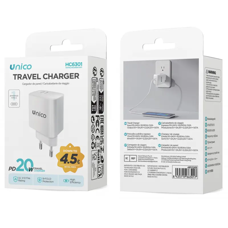 UNICO CARICATORE DA VIAGGIO PORTA SINGOLA USB-C PD20W BIANCO