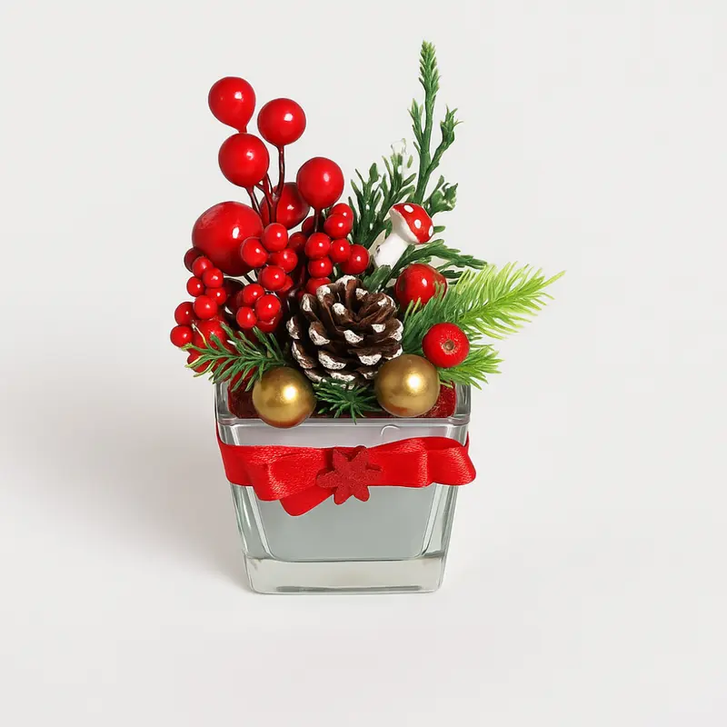 Vasetto Vetro Natalizio con Decorazione Festiva 8cm