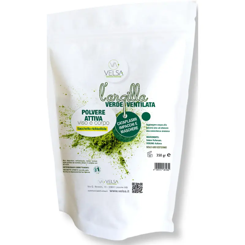 VELSA POLVERE ATTIVA VISO e CORPO L'ARGILLA VERDE VENTILATA SACCHETTO RICHIUDIBILE 350 grammi
