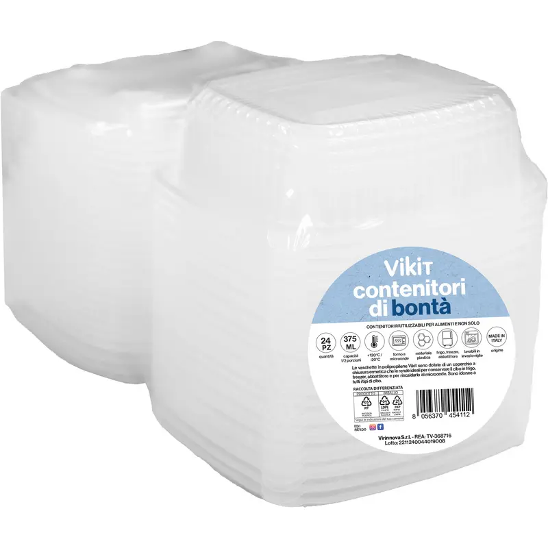 VIKIT 24 CONTENITORI DI BONTA' IN PP 1-2 PORZIONI CON COPERCHIO, FORNO A MICROONDE, FRIGO, FREEZER, ABBATTITORE +120°C -20°C 375 ML