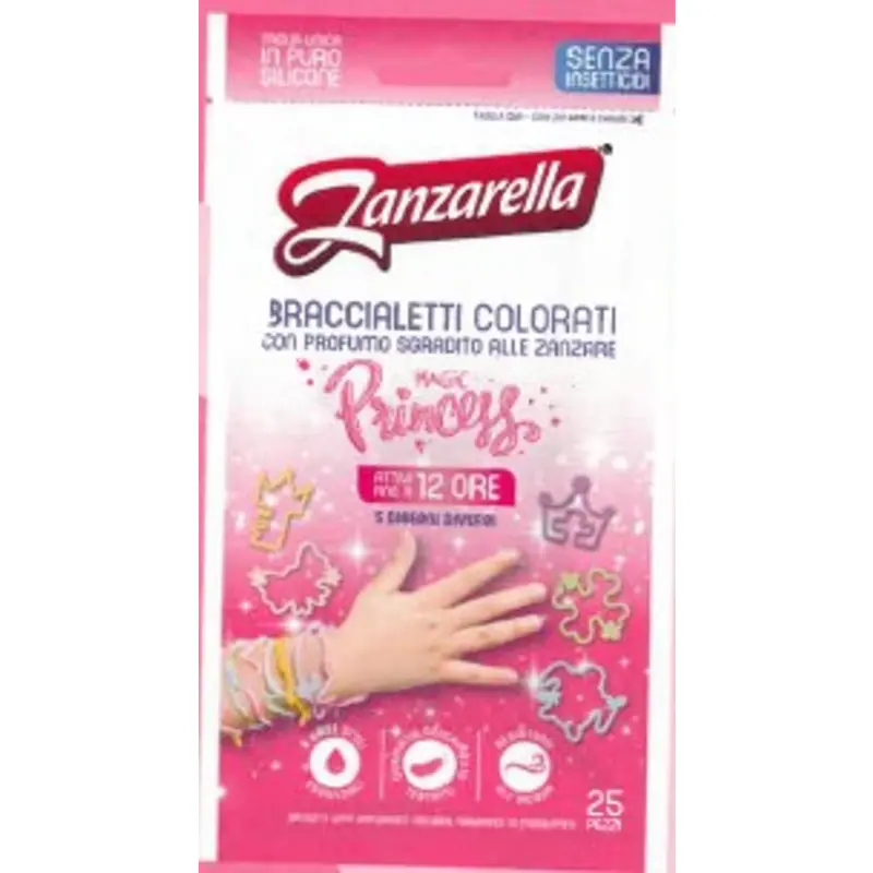 ZANZARELLA 25 BRACCIALETTI COLORATI PRINCESS PURO SILICONE SENZA INSETTICIDA ATTIVO 12 ORE